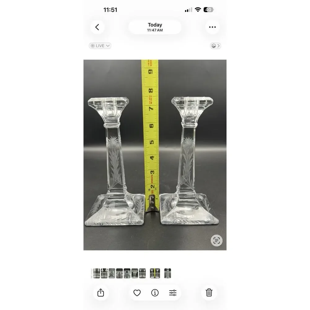 Heisey Aristocrat Hughes Cornflower Cut Glass Candlesticks Set of 2 Marked